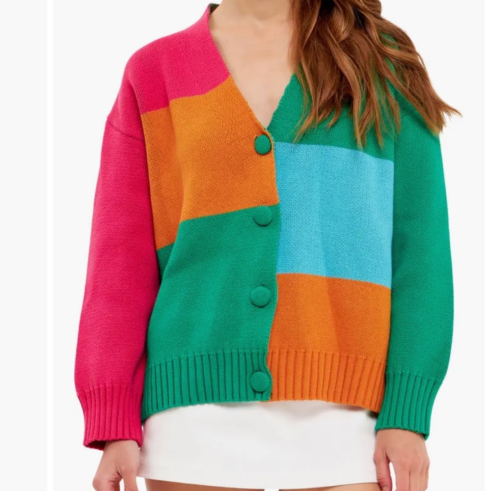 Grey Lab Abstract Colorblock Oversized V-neckline  Cardigan Sweater  Size S